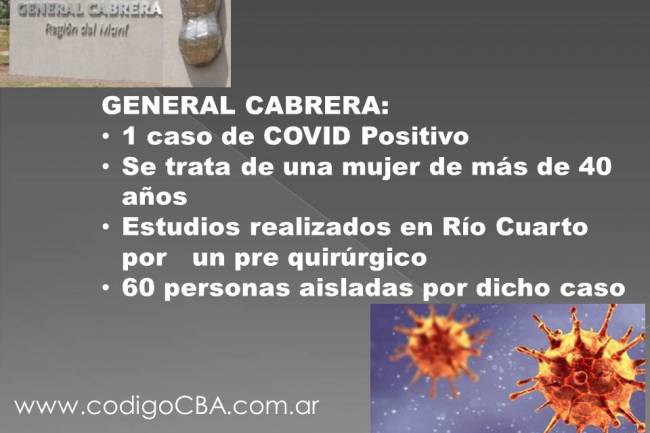 GENERAL CABRERA: Primer caso de Corona Virus Positivo en la Ciudad.